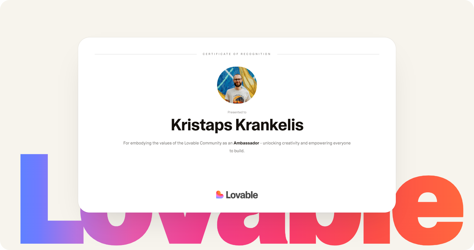 Kristaps Krankelis — oficiāls Lovable Ambassador sertifikāts