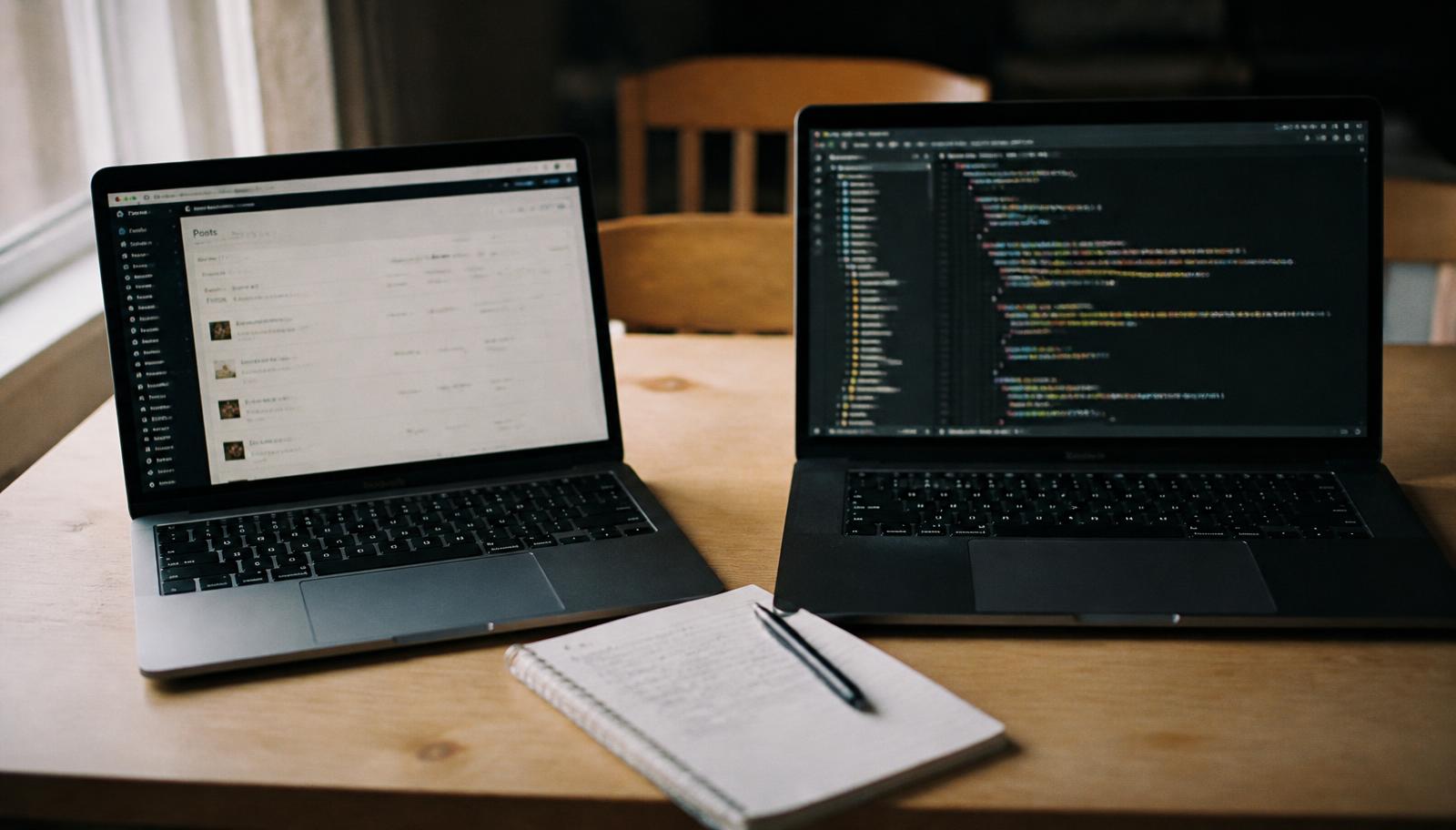 WordPress administrācijas panelis un koda redaktors uz darba galda